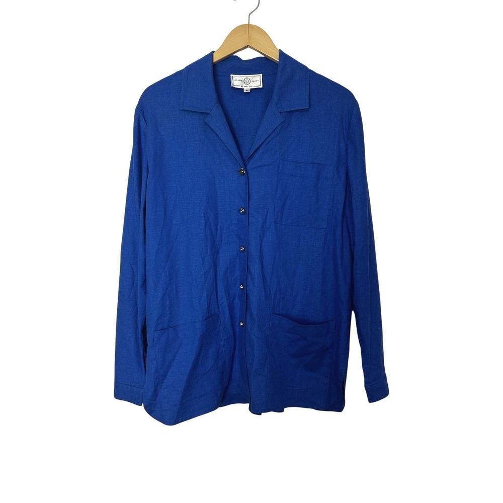 St. John Sport Tunic Jacket Shirt Womens M Pockets Linen Blend Royal Blue Classy